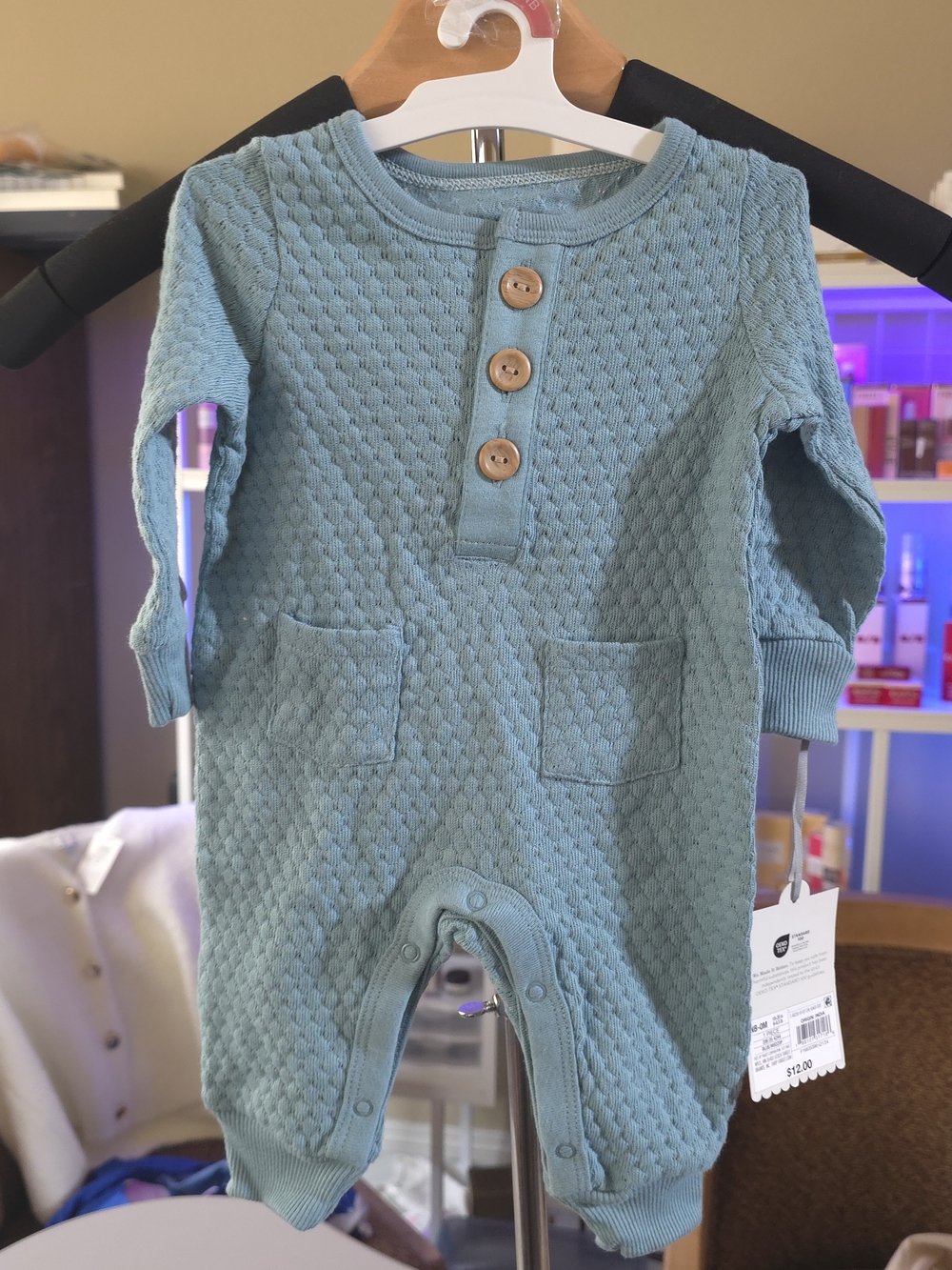 Textured Knit Baby Romper in Dusty Teal with Wooden Buttons
